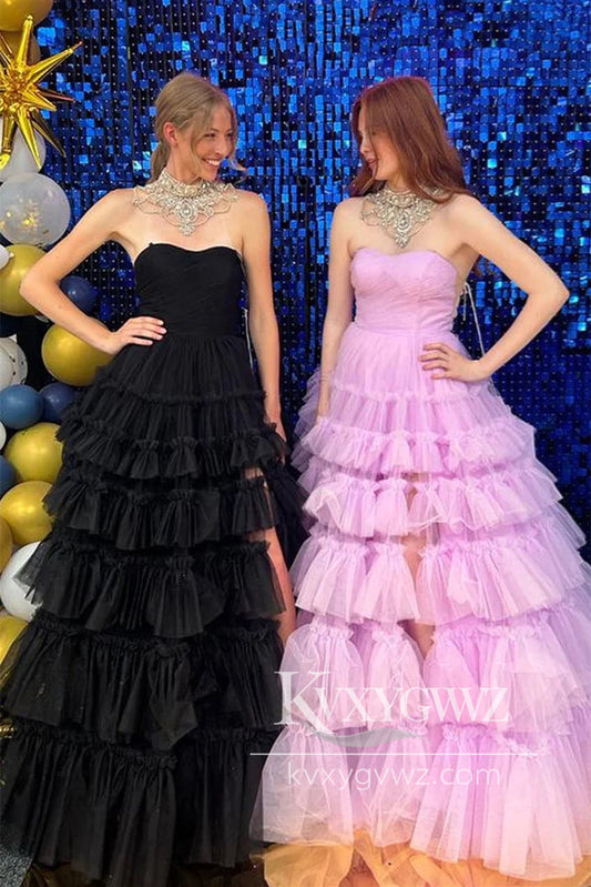 Black A-line Multi-Layers Strapless Evening Gown Tulle Long Prom Dress with Slit LF995