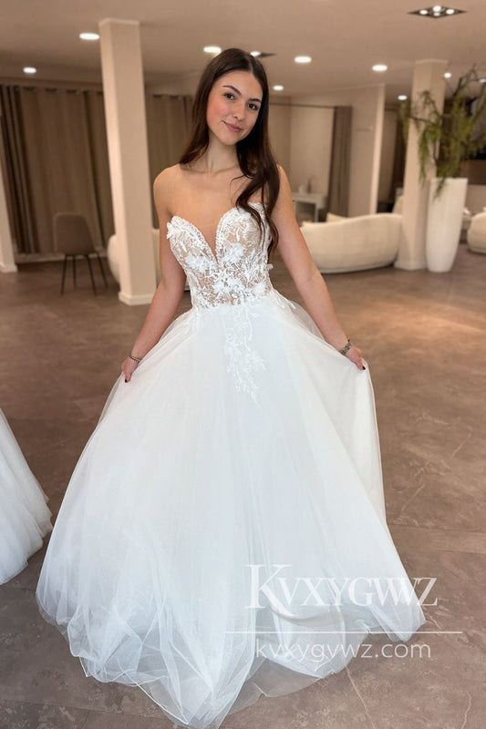 Pastoral Style A Line V Neck Tulle Wedding Dresses Gown HS995