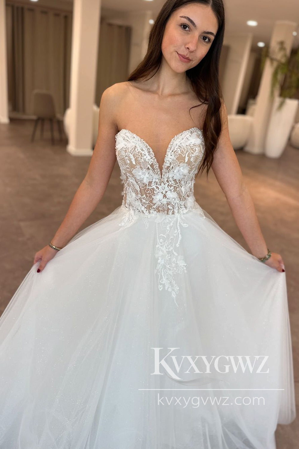 Pastoral Style A Line V Neck Tulle Wedding Dresses Gown HS995