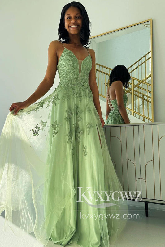 Spaghetti Strap A-Line V Neck Evening Gown Sage Green Tulle Long Prom Dress with Appliques LF996