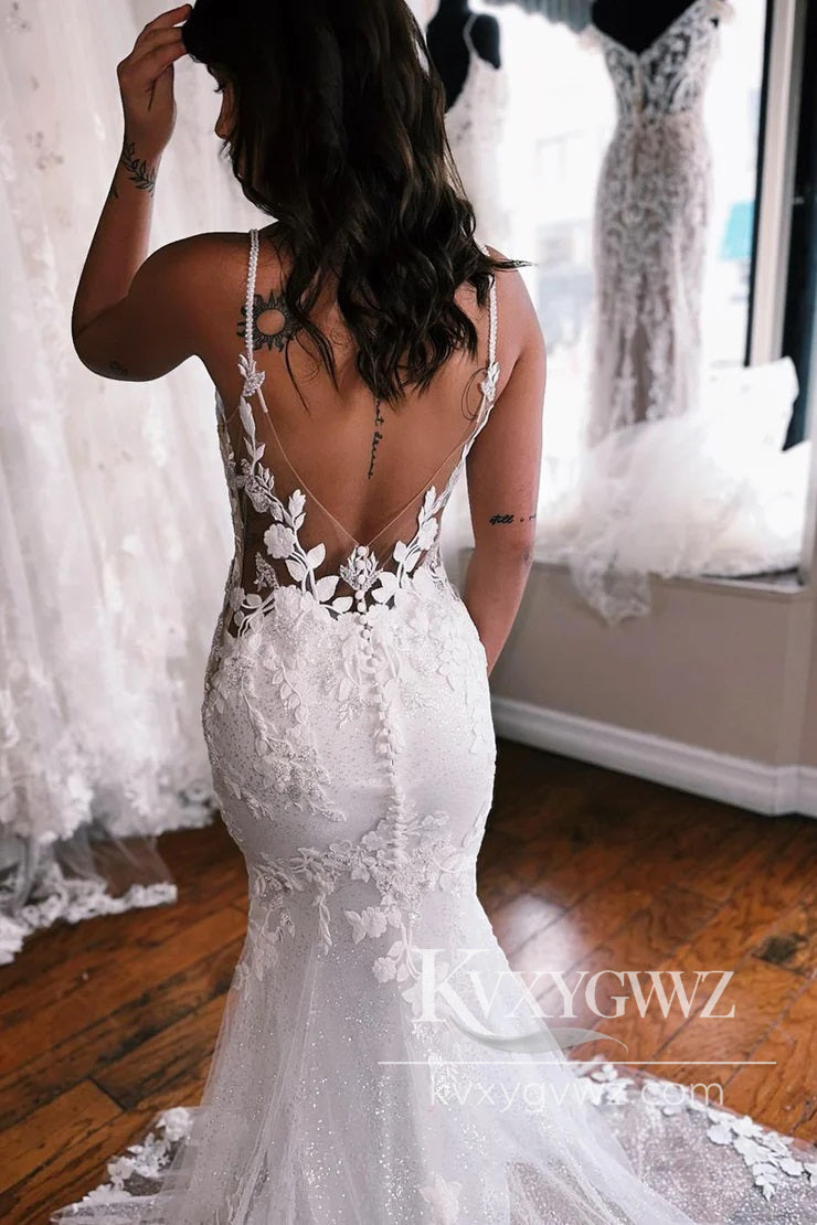 Pastoral Style Mermaid V Neck Lace Tulle Long Wedding Dresses Gown with Appliques HS996