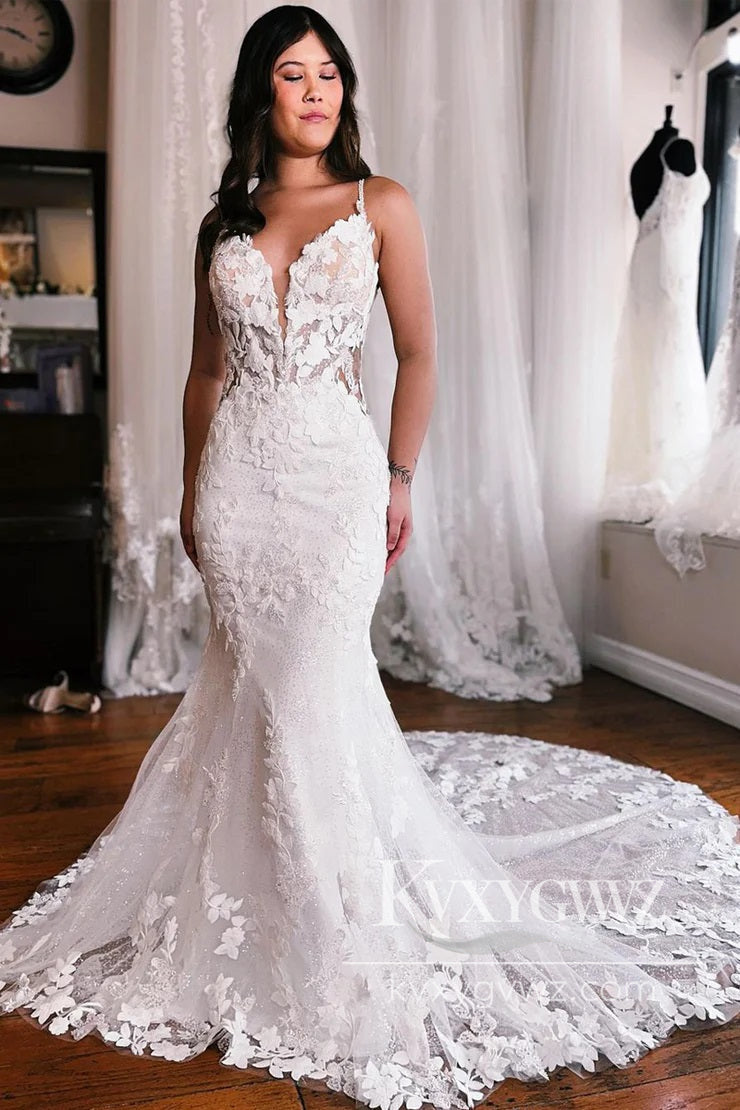 Pastoral Style Mermaid V Neck Lace Tulle Long Wedding Dresses Gown with Appliques HS996
