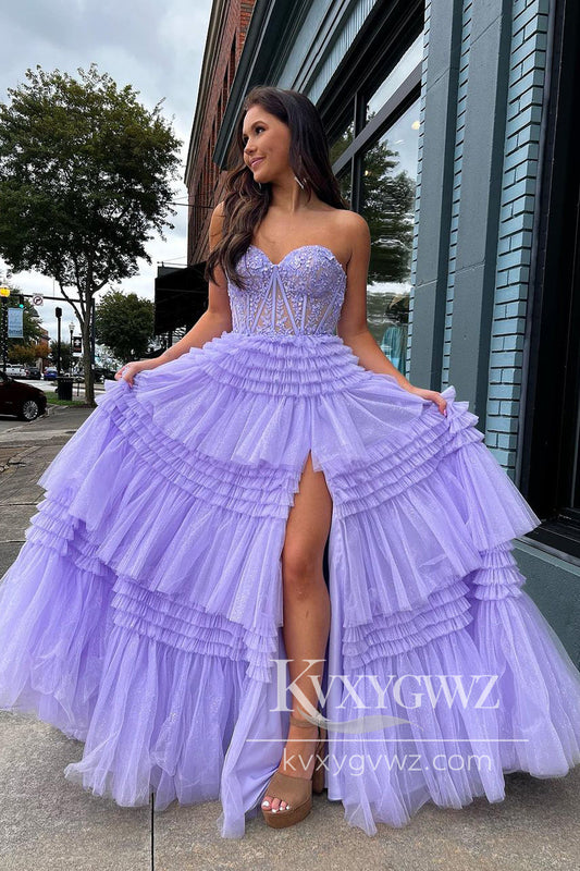 A-Line Sweetheart Lavender Evening Gown Ruffles Tulle Long Prom Dress with Appliques LF997