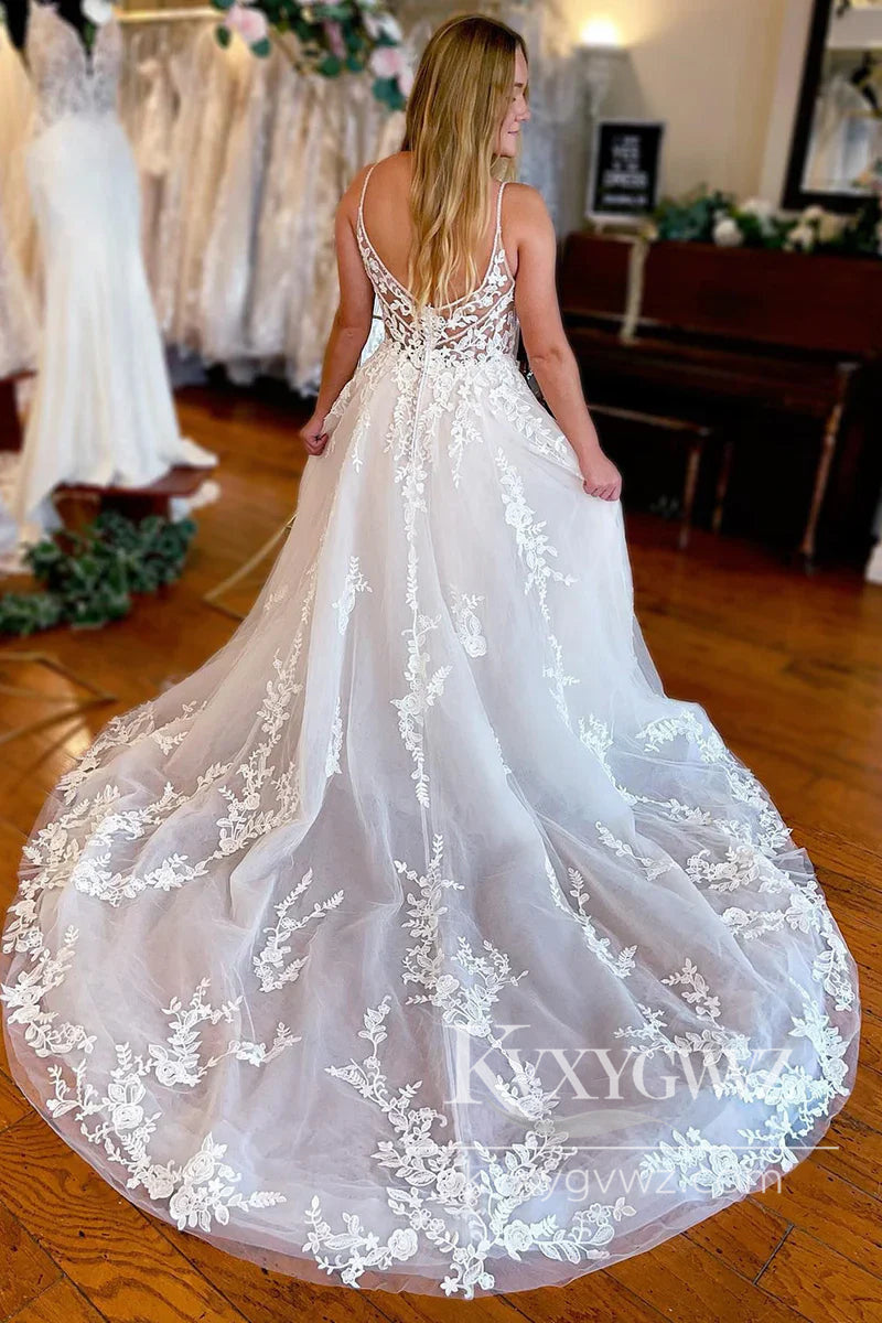 Pastoral Style A Line V Neck Lace Tulle Wedding Dresses Gown HS997