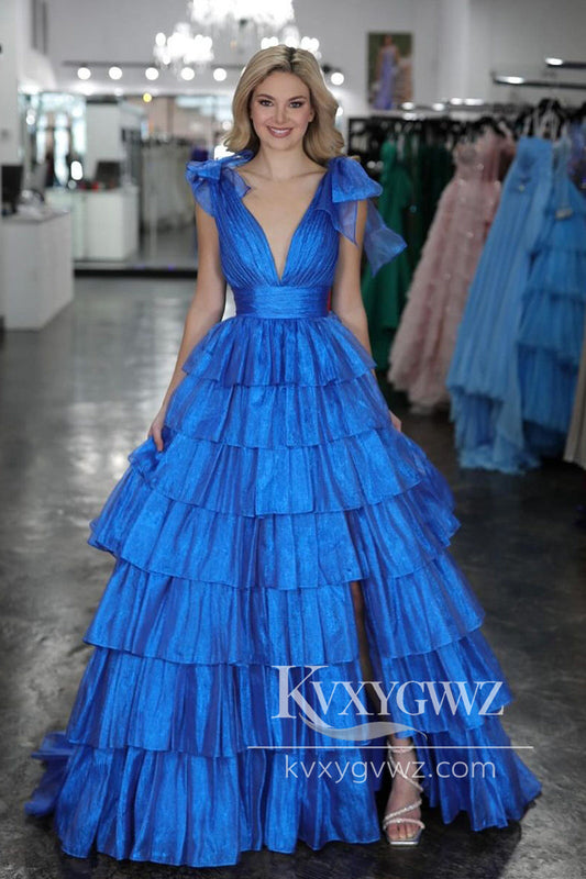 A-Line Deep V Neck Evening Gown Royal Blue Ruffles Tiered Long Prom Dress LF998
