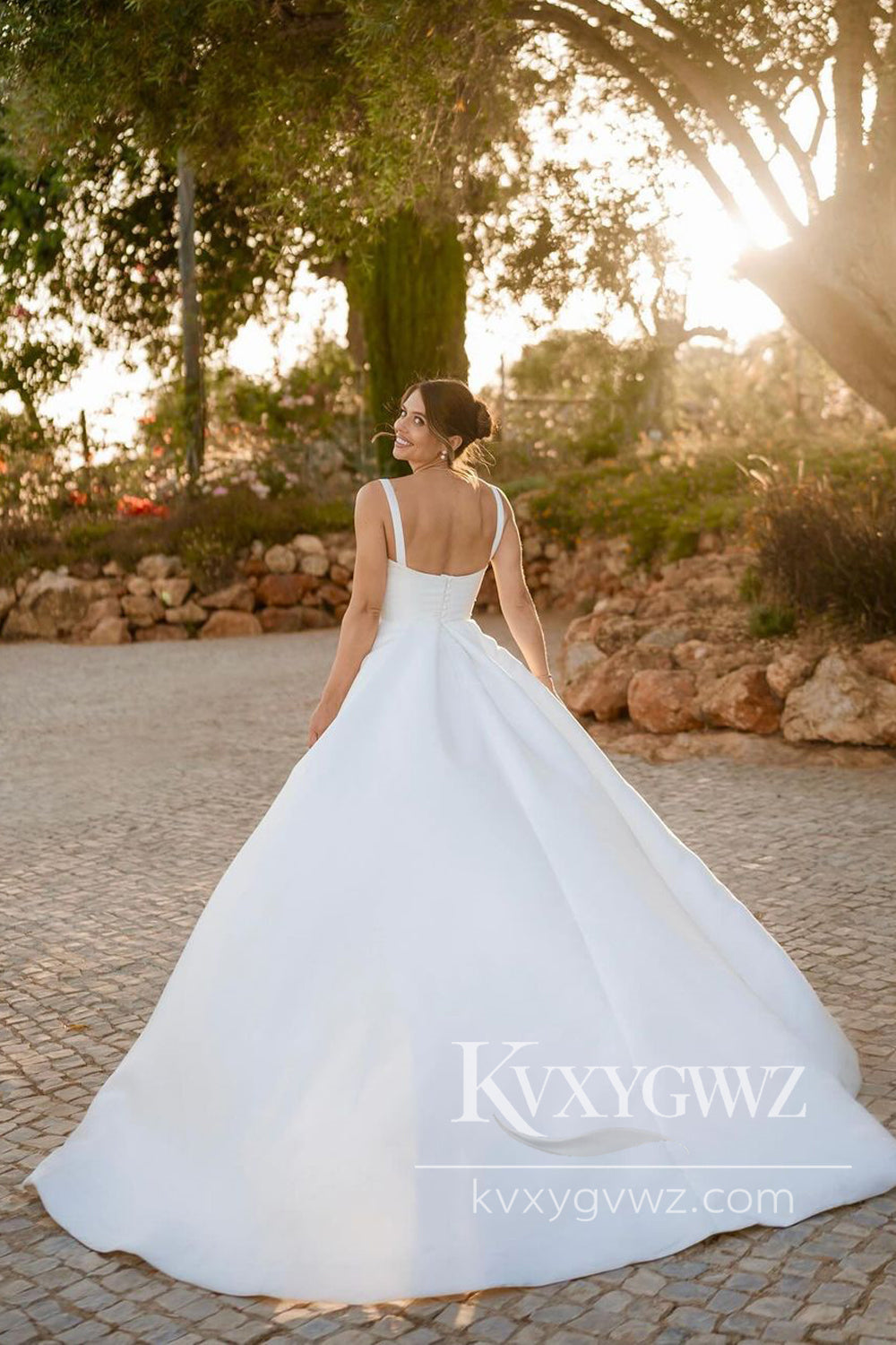 Modern A Line Square Neck Satin Long Wedding Dresses Gown with Slit HS998