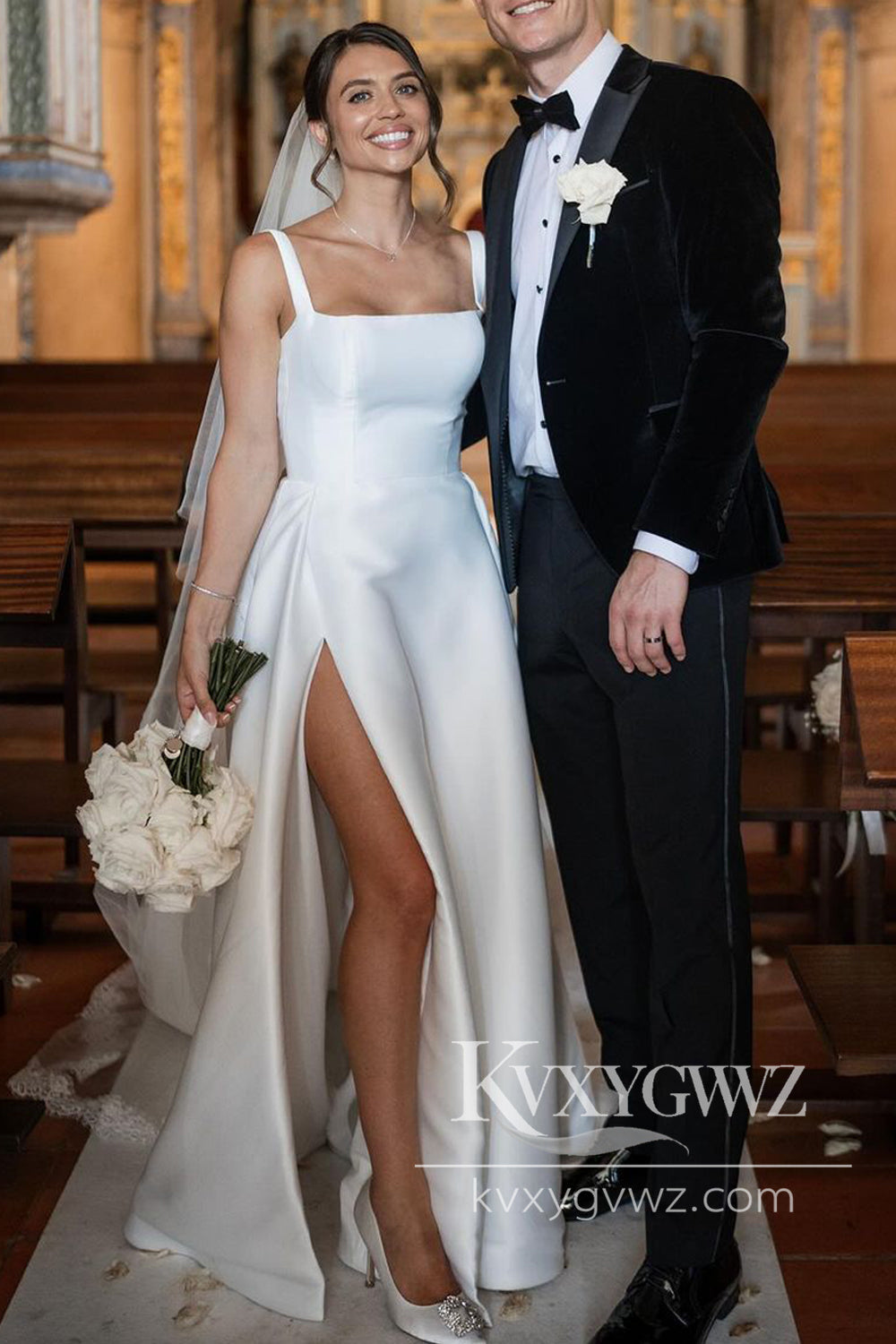 Modern A Line Square Neck Satin Long Wedding Dresses Gown with Slit HS998