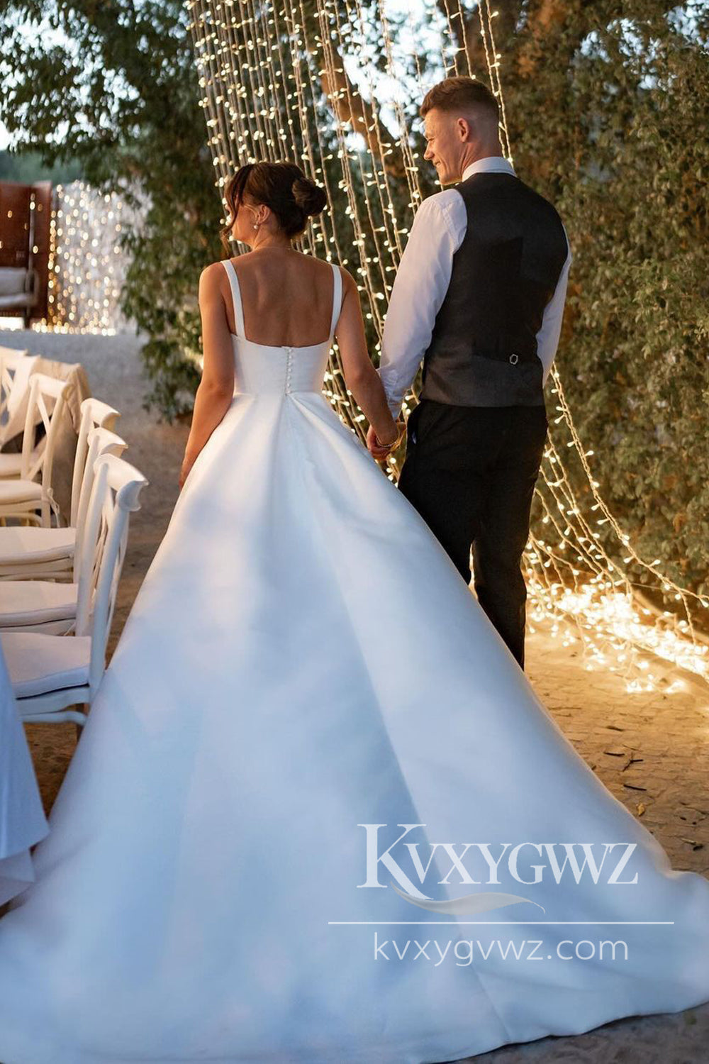 Modern A Line Square Neck Satin Long Wedding Dresses Gown with Slit HS998