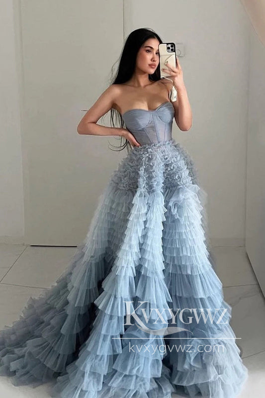 A-Line Sweetheart Evening Gown Tiered Ruffled Tulle Long Prom Dress LF999