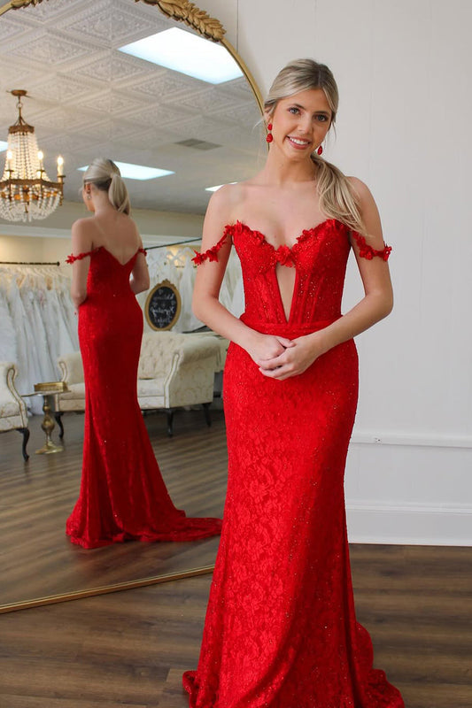 Mermaid Off the Shoulder Red Lace Long Prom Dress Gown with Beads LF1370