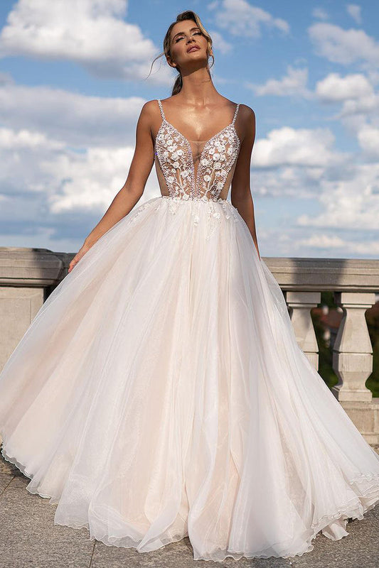 A-Line V Neck White Beaded Wedding Dresses Gown HS735