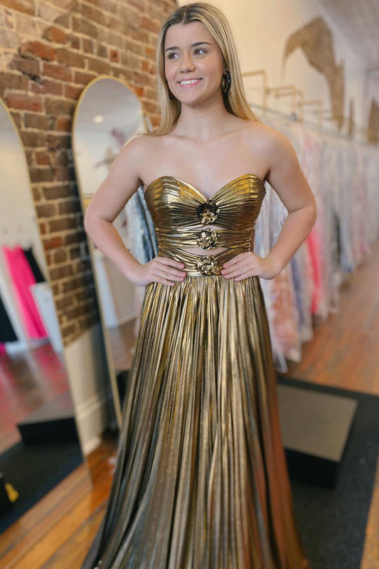 A Line Sweetheart Gold Pleat Metallic Satin Long Prom Dress Gown LF1267