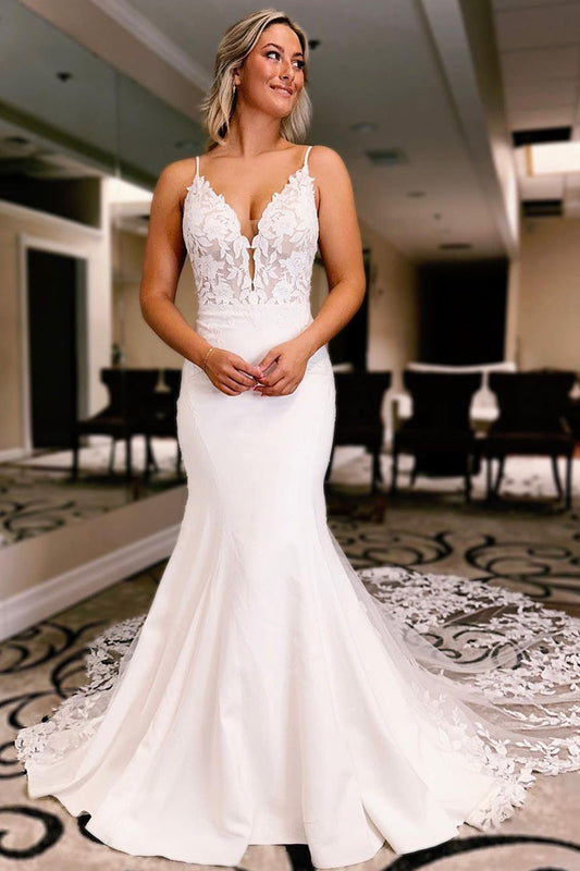 Mermaid V Neck Satin Appliques Wedding Dresses/Gowns HS23100209
