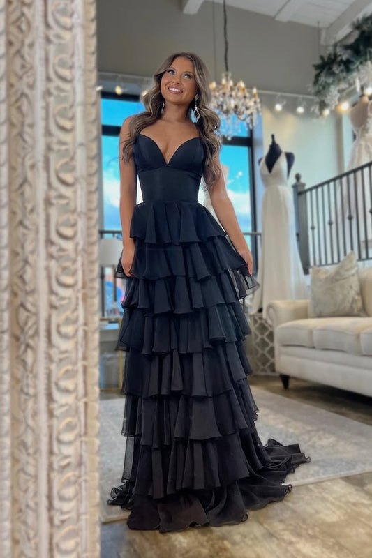 A-Line V Neck Black Satin Ruffle Tiered Long Prom Dress Gown LF1204