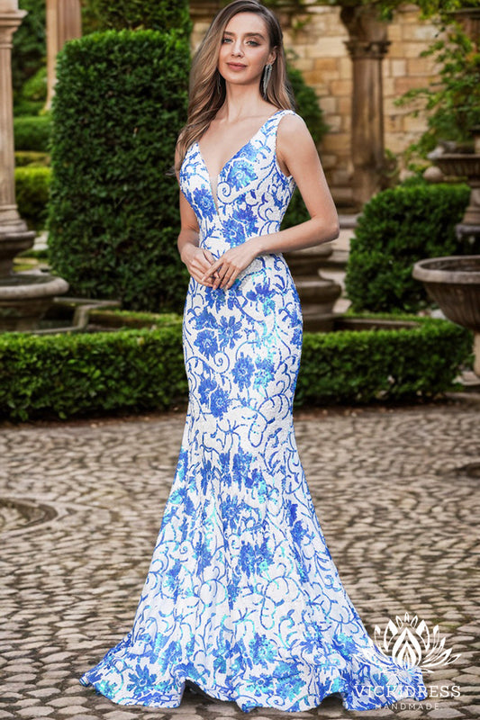 Mermaid V Neck Blue White Sequin Lace Prom Dress Gown LF1248