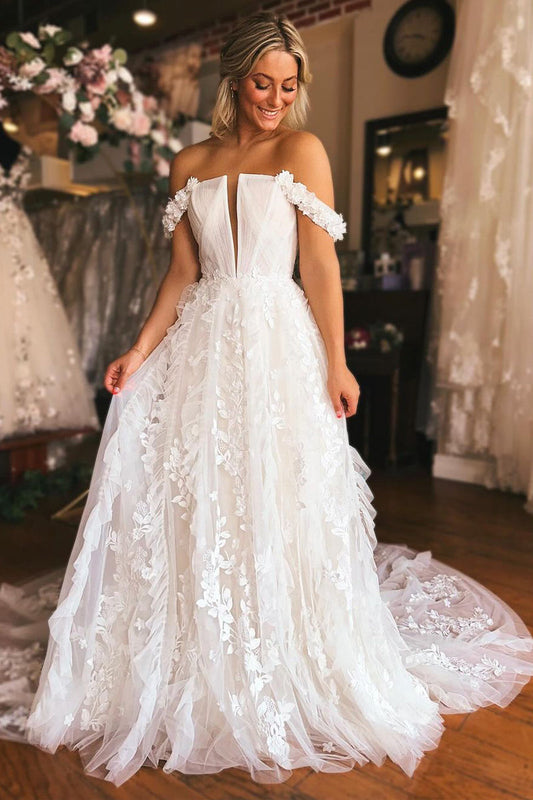 A-Line Off the Shoulder White Tulle Wedding Dresses Gown with Appliques HS842