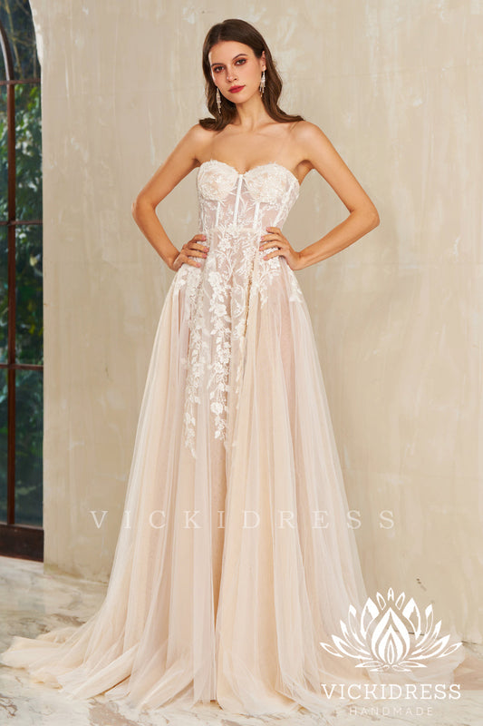 A-Line Strapless Tulle Lace Wedding Dresses Gown with Slit HS731