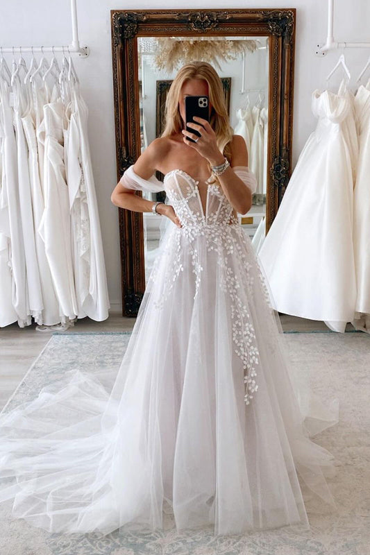 A-Line Sweetheart Tulle Appliques Wedding Dresses Gown HS767