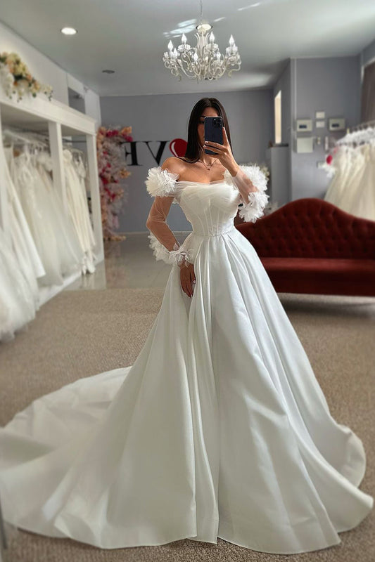 Ball Gown Off the Sholder Long Sleeves Satin Wedding Dresses Gown HS747