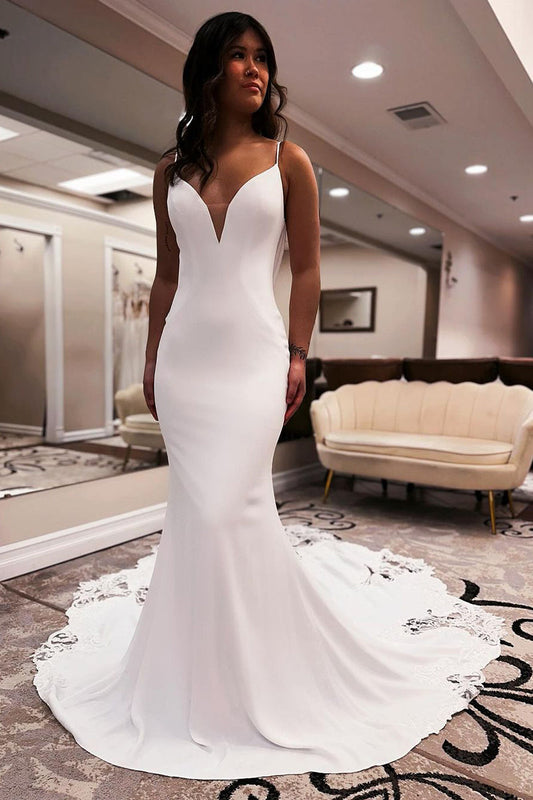 Glamorous Mermaid V Neck Elastic Satin Wedding Dresses Gown with Appliques HS681