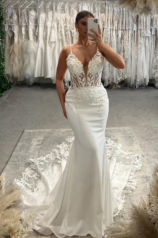 Glamorous Mermaid V Neck Elastic Satin Wedding Dresses Gown with Appliques HS932
