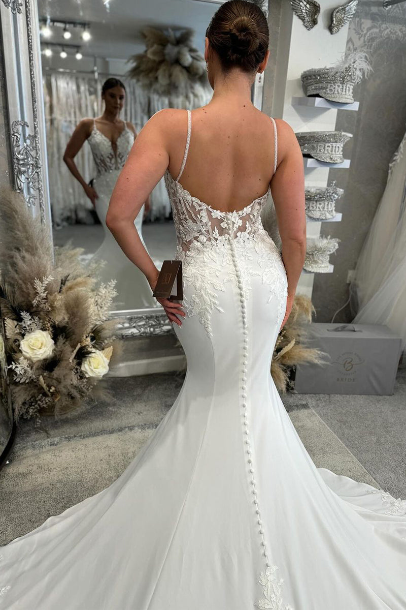 Glamorous Mermaid V Neck Elastic Satin Wedding Dresses Gown with Appliques HS932