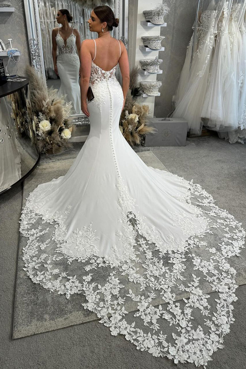Glamorous Mermaid V Neck Elastic Satin Wedding Dresses Gown with Appliques HS932