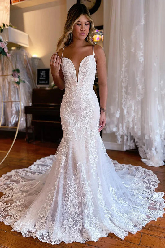 Glamorous Mermaid V Neck Lace Beach Wedding Dresses Gown HS688