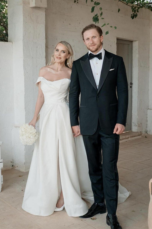 Graceful A-Line Off the Shoulder Satin Wedding Dresses Gown with Slit HS686