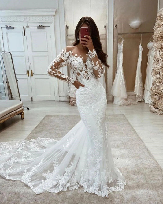 Graceful Mermaid Bateau Neck Long Sleeves Wedding Dresses Gown with Appliques HS918
