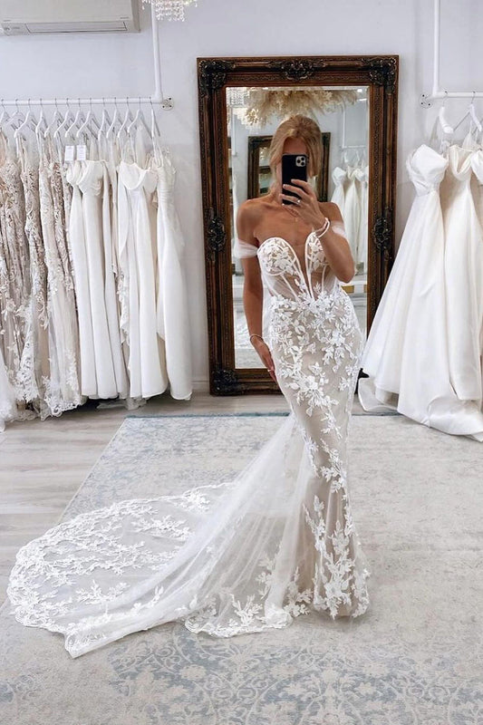 Graceful Mermaid Off the Shoulder Tulle Wedding Dresses Gown with Lace Appliques HS695