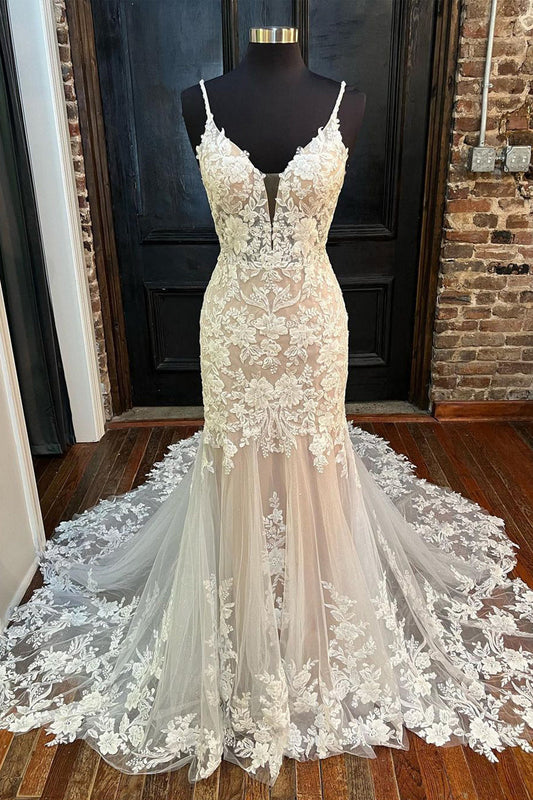 Graceful Mermaid V Neck Lace Champagne Wedding Dresses Gown HS895