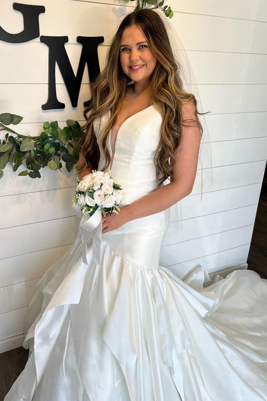 Graceful Mermaid V Neck Satin Wedding Dresses Gown HS994