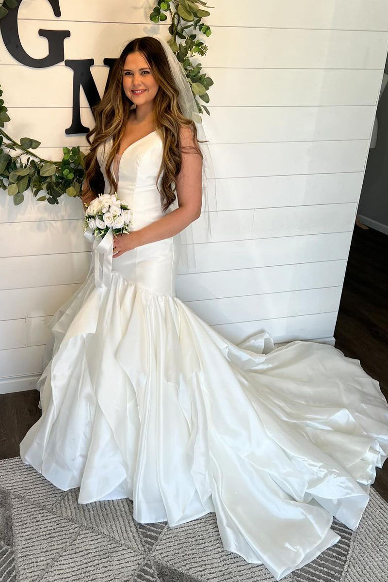 Graceful Mermaid V Neck Satin Wedding Dresses Gown HS994