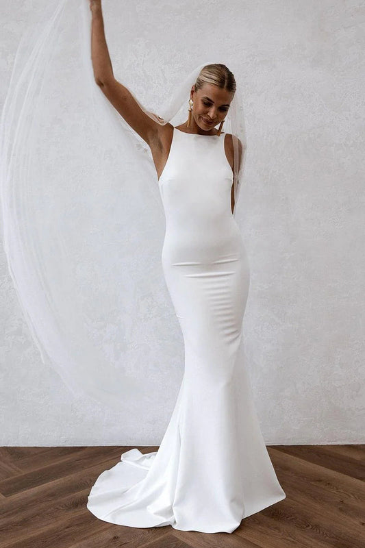 Graceful Simple Mermaid Scoop Neck Soft Satin Long Wedding Dresses Gown HS974