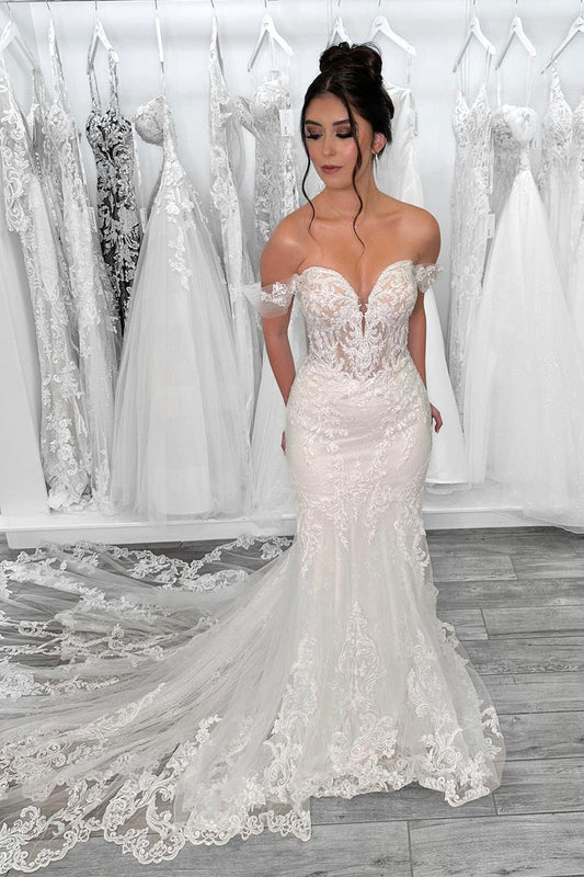 Exquisite Mermaid Off the Shoulder Tulle Wedding Dresses Gown with Appliques HS962