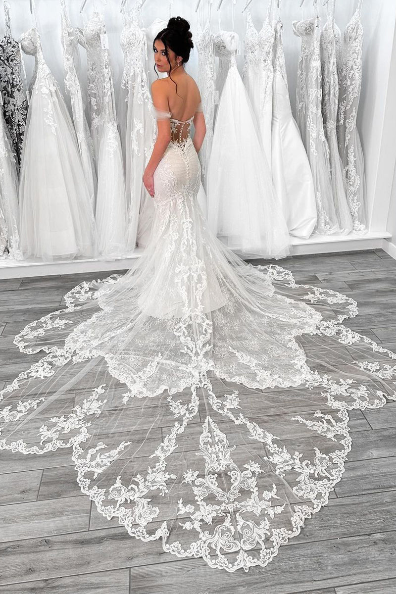 Exquisite Mermaid Off the Shoulder Tulle Wedding Dresses Gown with Appliques HS962