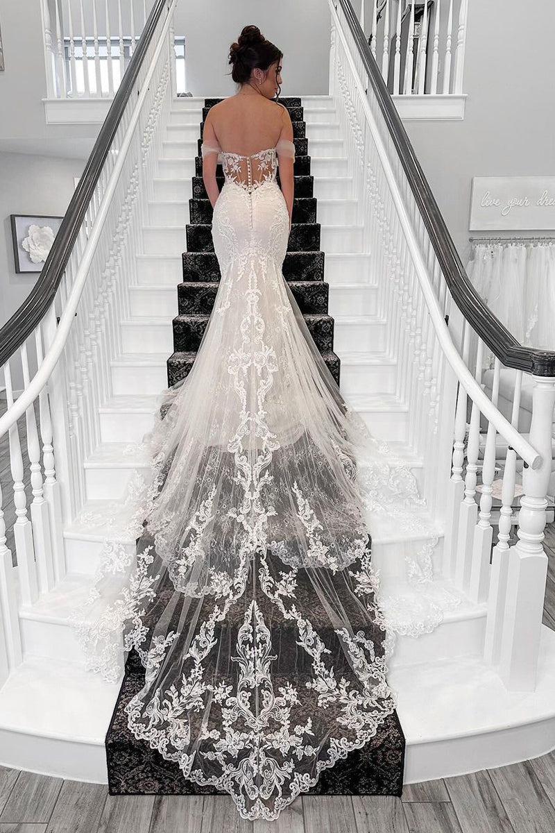 Exquisite Mermaid Off the Shoulder Tulle Wedding Dresses Gown with Appliques HS962