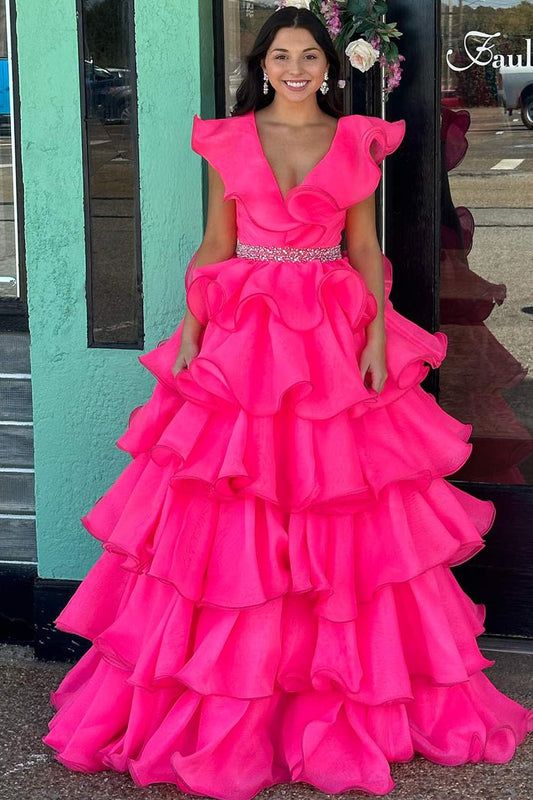 Dazzling Ball Gown Hot Pink V-Neck Ruffle Tiered Long Prom Dress Gown