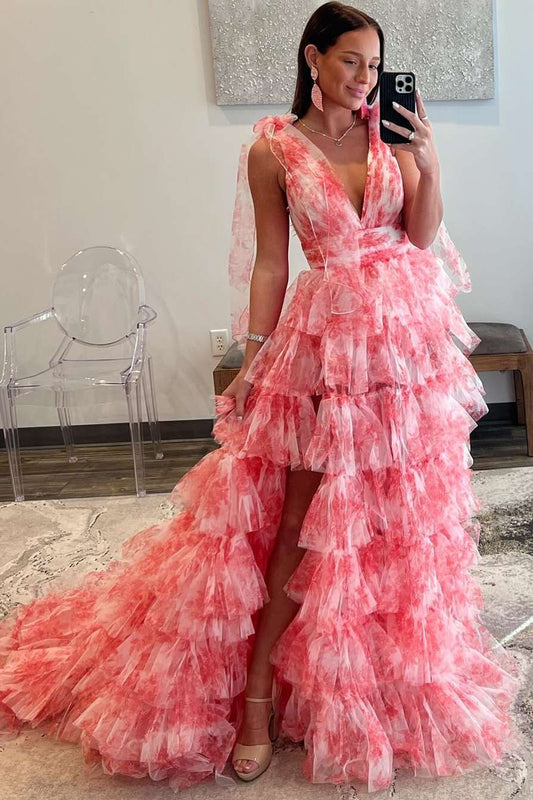 Fairy A Line V-Neck Coral Floral Print Layered Tulle Long Prom Dress Gown with Slit
