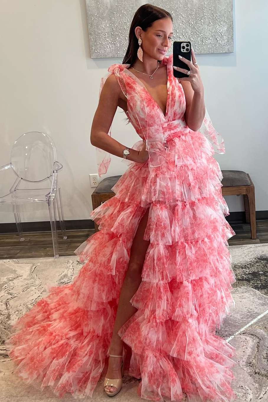 Fairy A Line V-Neck Coral Floral Print Layered Tulle Long Prom Dress Gown with Slit