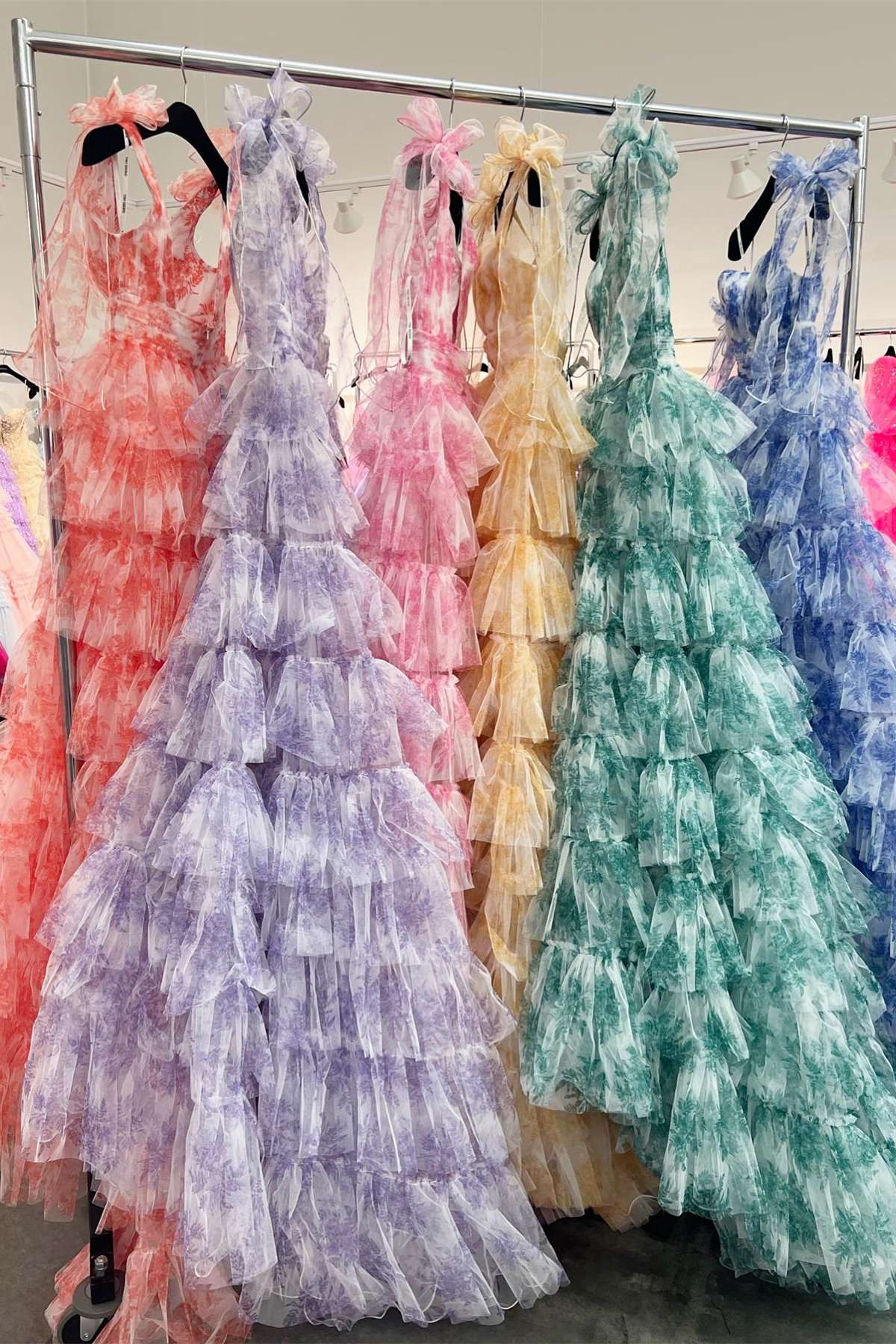 Fairy A Line V-Neck Coral Floral Print Layered Tulle Long Prom Dress Gown with Slit