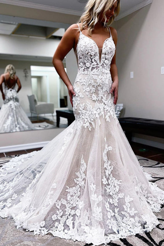 Glamorous Mermaid V Neck Lace Wedding Dresses Gown with Appliques HS934