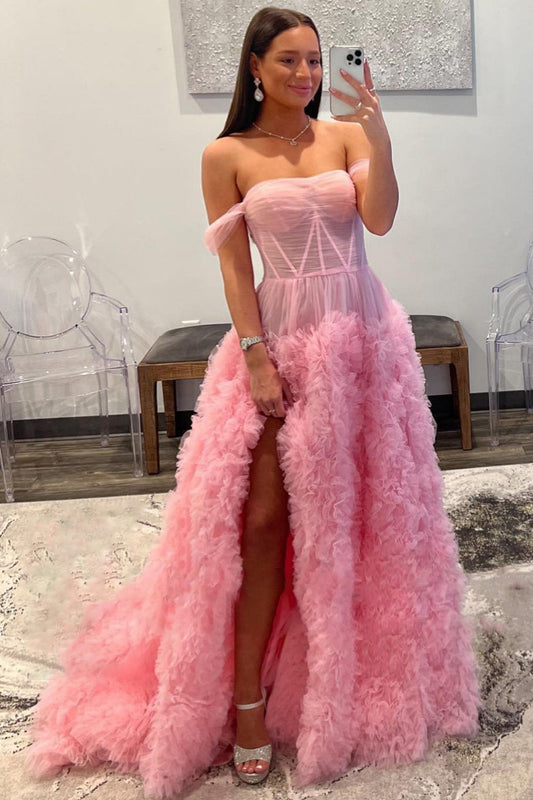 Fairy Ball Gown Off the Shoulder Pink Tiered Tulle Long Prom Dress Gown