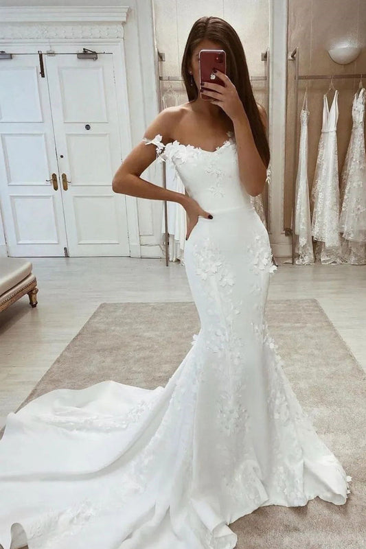 Mermaid Sweetheart White Satin Wedding Dresses Gown with 3D Appliques HS919