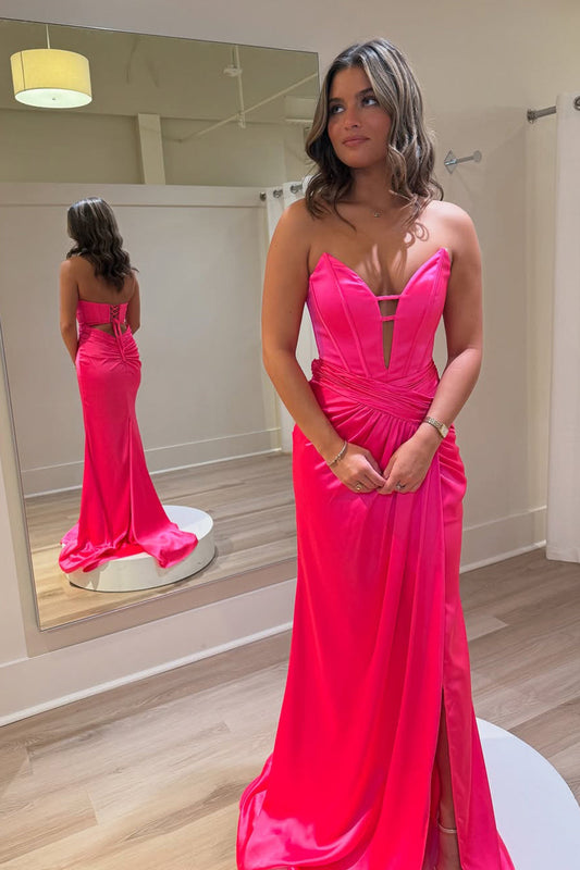 Mermaid V Neck Hot Pink Satin Prom Dress Gown with Slit LF1210