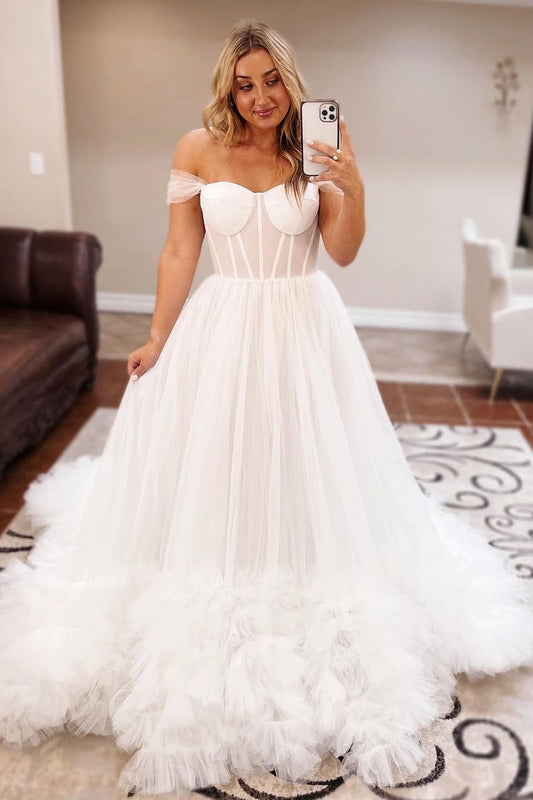 A-Line Off the Shoulder White Tulle Wedding Dresses Gown HS838