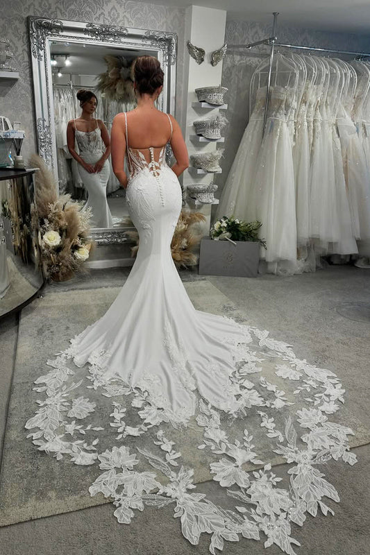 Romantic Mermaid Straps Elastic Satin Wedding Dresses Gown with Appliques HS813