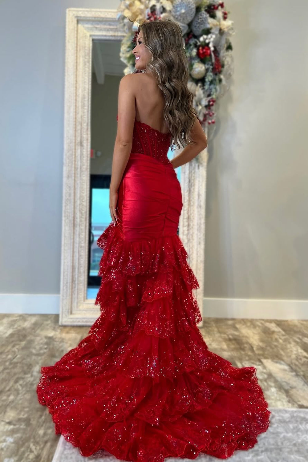 Conspicuous Mermaid Sweetheart Dark Red Satin Tiered Prom Dress Gown LF1291
