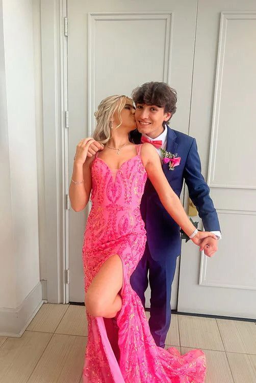 Stunging Mermaid V Neck Pink Sequins Lace Long Prom Dress Gown with Slit LF1283